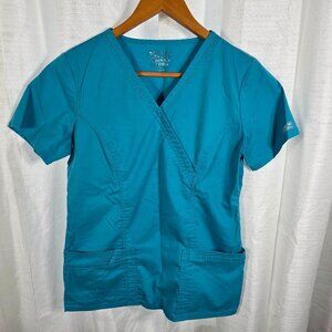 Cherokee Workwear #4728 Teal Blue Women's Mock Wrap Princess Seam Solid Top  XS
